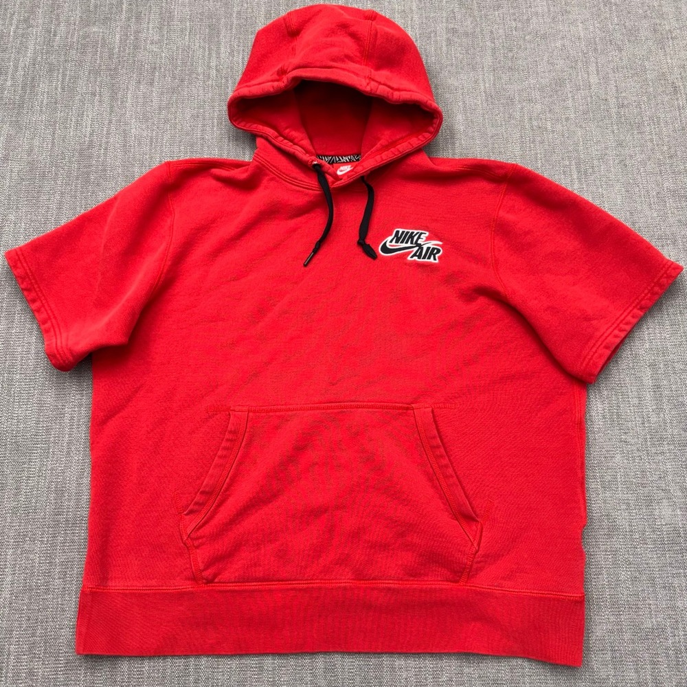 Nike Air Mens Short Sleeve Hoodie Red Cotton French Terry Pullover XL